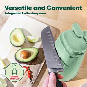 BELLA Electric Can Opener and Knife Sharpener, Multifunctional Jar and Bottle Opener with Removable Cutting Lever and Cord Storage, Stainless Steel Blade, Sage