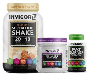 invigor8 superfood shake (salted caramel) whey protein shake + collagen peptides + fatburner bundle