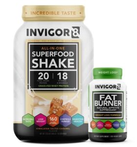 invigor8 superfood shake (salted caramel) and fat burner bundle. gluten-free and non gmo meal replacement shake & healthy garcinia weight loss supplement/appetite suppressant.
