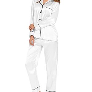 SWOMOG Womens Silk Satin Pajamas Set Long Sleeve Loungewear 2 Pieces Sleepwear Button-Down Pj Set White