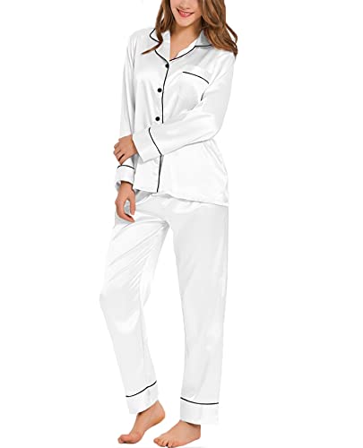 SWOMOG Womens Silk Satin Pajamas Set Long Sleeve Loungewear 2 Pieces Sleepwear Button-Down Pj Set White