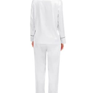 SWOMOG Womens Silk Satin Pajamas Set Long Sleeve Loungewear 2 Pieces Sleepwear Button-Down Pj Set White