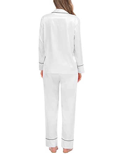 SWOMOG Womens Silk Satin Pajamas Set Long Sleeve Loungewear 2 Pieces Sleepwear Button-Down Pj Set White