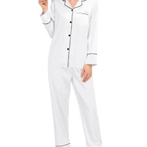 SWOMOG Womens Silk Satin Pajamas Set Long Sleeve Loungewear 2 Pieces Sleepwear Button-Down Pj Set White