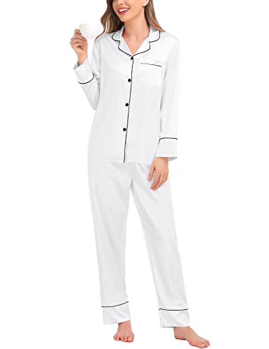 SWOMOG Womens Silk Satin Pajamas Set Long Sleeve Loungewear 2 Pieces Sleepwear Button-Down Pj Set White