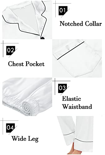 SWOMOG Womens Silk Satin Pajamas Set Long Sleeve Loungewear 2 Pieces Sleepwear Button-Down Pj Set White