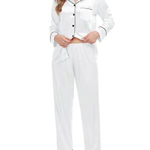 SWOMOG Womens Silk Satin Pajamas Set Long Sleeve Loungewear 2 Pieces Sleepwear Button-Down Pj Set White