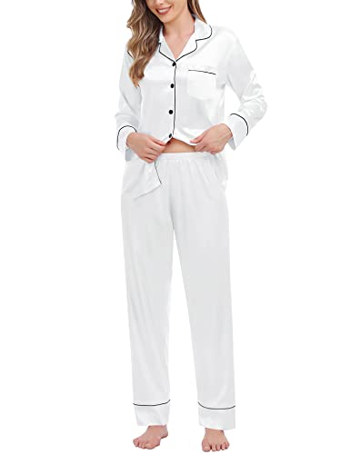 SWOMOG Womens Silk Satin Pajamas Set Long Sleeve Loungewear 2 Pieces Sleepwear Button-Down Pj Set White