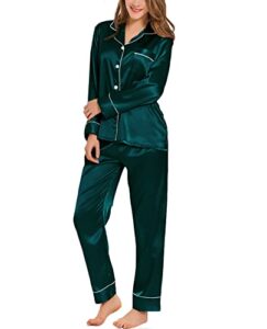 swomog women's silk satin pajamas loungewear two-piece sleepwear button-down pj set s-xxl deep green