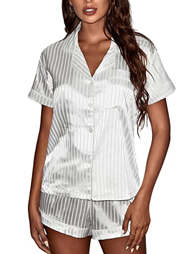 Verdusa Women's Striped Satin Sleepwear Short Sleeve Shirt and Shorts Pajama Set White M