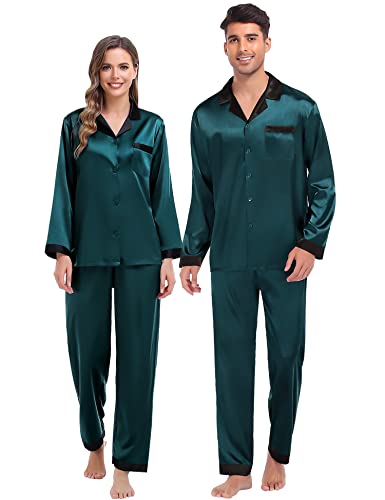 SWOMOG Silk Pajamas Set Women Long Sleeve Satin Sleepwear Loose Long Pants Loungewear Couples Pjs Set for His and Her Deep Green