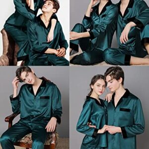 SWOMOG Silk Pajamas Set Women Long Sleeve Satin Sleepwear Loose Long Pants Loungewear Couples Pjs Set for His and Her Deep Green