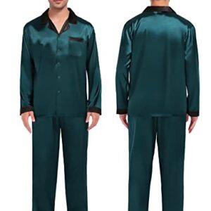 SWOMOG Silk Pajamas Set Women Long Sleeve Satin Sleepwear Loose Long Pants Loungewear Couples Pjs Set for His and Her Deep Green