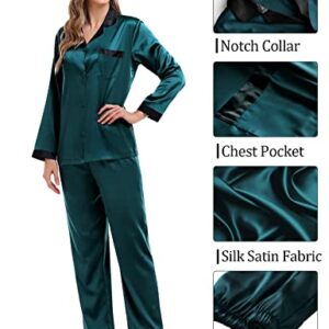 SWOMOG Silk Pajamas Set Women Long Sleeve Satin Sleepwear Loose Long Pants Loungewear Couples Pjs Set for His and Her Deep Green