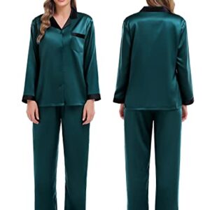 SWOMOG Silk Pajamas Set Women Long Sleeve Satin Sleepwear Loose Long Pants Loungewear Couples Pjs Set for His and Her Deep Green