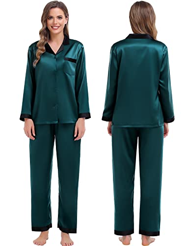 SWOMOG Silk Pajamas Set Women Long Sleeve Satin Sleepwear Loose Long Pants Loungewear Couples Pjs Set for His and Her Deep Green