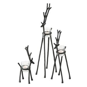 rustic reindeer votive candle holders, set of 3, handmade, forged black aluminum, glass cups, 10.25, 14.25, and 20 inches