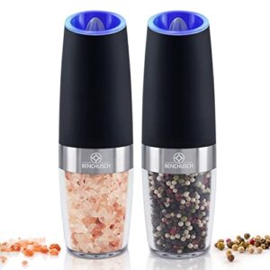 electric gravity salt and pepper grinder set - automatic pepper and salt mills - 02 battery powered shakers with blue led lights - one hand operated - refillable and adjustable coarseness (2xblack)