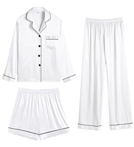 swomog women 3 pcs satin pajamas set silk long sleeve sleepwear button down loungewear pjs with shorts & pants white