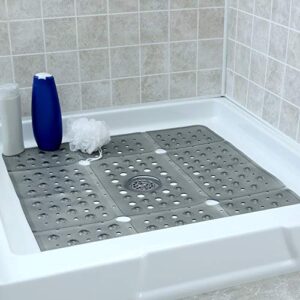slipx solutions accu-fit square shower mat, extra large 27"x27", non-slip stall mat for elderly & kids standing bath tub mat, machine washable, suction cups, transparent gray