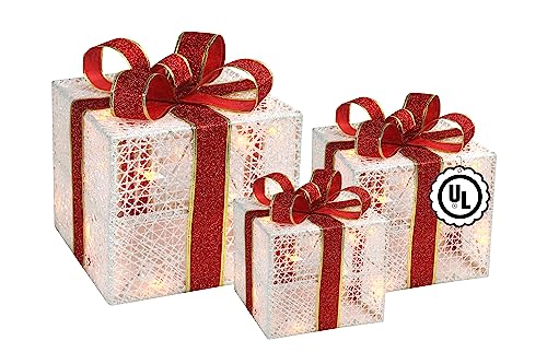 Set of 3 Lighted Gift Boxes Christmas Decoration - Pre-Lit Present with Ribbons and Bows - Light up Gift Box for Indoor Outdoor Yard Home Decor