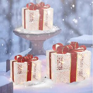 Set of 3 Lighted Gift Boxes Christmas Decoration - Pre-Lit Present with Ribbons and Bows - Light up Gift Box for Indoor Outdoor Yard Home Decor