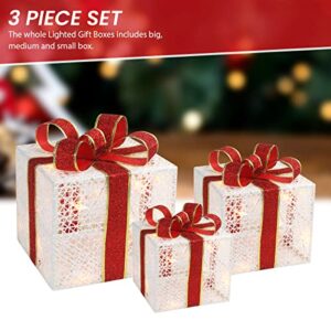 Set of 3 Lighted Gift Boxes Christmas Decoration - Pre-Lit Present with Ribbons and Bows - Light up Gift Box for Indoor Outdoor Yard Home Decor