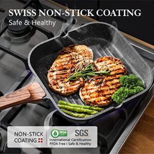 SENSARTE Nonstick Grill Pan for Stove Tops, Versatile Griddle Pan with Pour Spouts, Square Grill Pan for Big Cooking Surface, Durable Grill Skillet for Indoor & Outdoor Grilling. PFOA Free, 9.5 Inch
