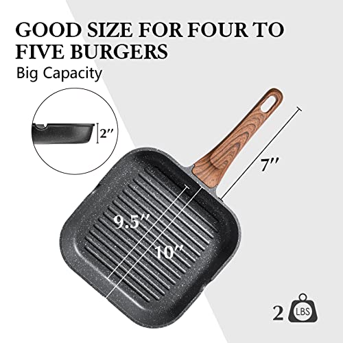 SENSARTE Nonstick Grill Pan for Stove Tops, Versatile Griddle Pan with Pour Spouts, Square Grill Pan for Big Cooking Surface, Durable Grill Skillet for Indoor & Outdoor Grilling. PFOA Free, 9.5 Inch