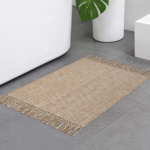 Collive Small Bathroom Rug, 2' x 3' Hand-Woven Low Profile Front Entryway Rug, Tan Cotton Reversible Washable Kitchen Mat Modern Farmhouse Carpet for Foyer Bedroom Back Door Decor