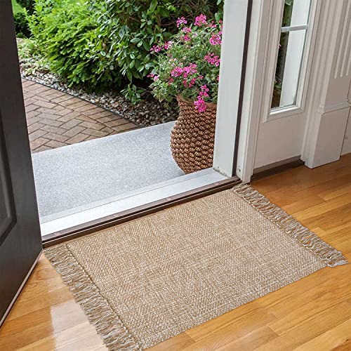 Collive Small Bathroom Rug, 2' x 3' Hand-Woven Low Profile Front Entryway Rug, Tan Cotton Reversible Washable Kitchen Mat Modern Farmhouse Carpet for Foyer Bedroom Back Door Decor