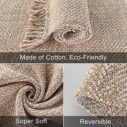 Collive Small Bathroom Rug, 2' x 3' Hand-Woven Low Profile Front Entryway Rug, Tan Cotton Reversible Washable Kitchen Mat Modern Farmhouse Carpet for Foyer Bedroom Back Door Decor