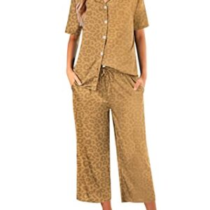 Ekouaer Womens Satin Pj Silk Pajama Comfy Classic Satin Pajamas Button Down Lounge Sets V-neck Pajamas with 2 Pockets Light Brown Leopard Print Large