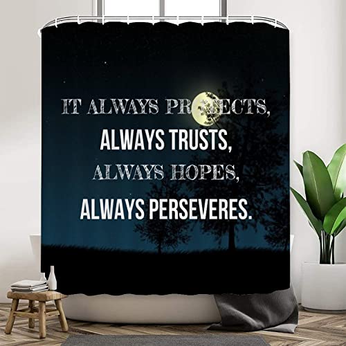 Rimego Shower Curtain 72"x72" with Words 12 Hooks Polyester Waterproof Fabric Bathroom Bathtub Panels It Always Protects,Always Trusts,Always Hopes,Always Perseveres