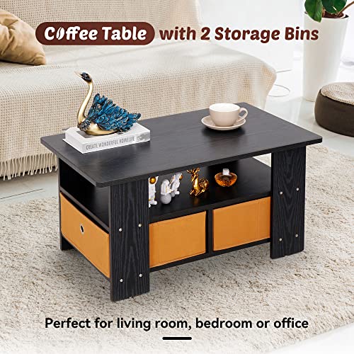 ZenStyle Coffee Table with Bin Drawer, Wood Compact Coffee Table with 2 Foldable Storage Baskets for Home Living Room Office Bedroom, 31.5 Inch Black