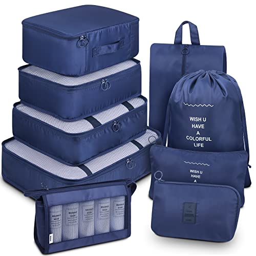 Luggage Organizer, Mossio Set of 9 Compact Foldable Travel Bag for Carry On Suitcase Navy Blue