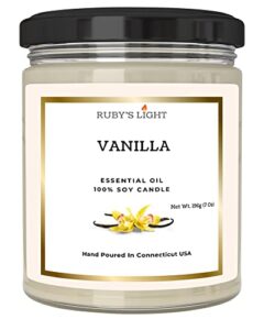 vanilla essential oil candle | aromatherapy for the home | 9 oz glass jar | all-natural soy candles | cotton wick | high scent | 40 hours burn time | gift for women & men (vanilla)