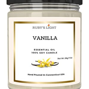 Vanilla Essential Oil Candle | Aromatherapy for The Home | 9 Oz Glass Jar | All-Natural Soy Candles | Cotton Wick | High Scent | 40 Hours Burn Time | Gift for Women & Men (Vanilla)