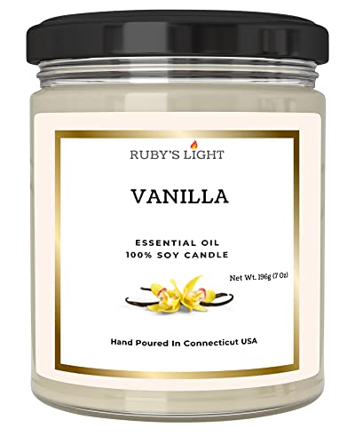 Vanilla Essential Oil Candle | Aromatherapy for The Home | 9 Oz Glass Jar | All-Natural Soy Candles | Cotton Wick | High Scent | 40 Hours Burn Time | Gift for Women & Men (Vanilla)