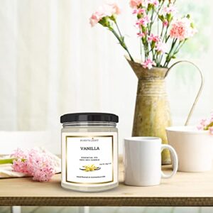 Vanilla Essential Oil Candle | Aromatherapy for The Home | 9 Oz Glass Jar | All-Natural Soy Candles | Cotton Wick | High Scent | 40 Hours Burn Time | Gift for Women & Men (Vanilla)