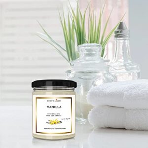 Vanilla Essential Oil Candle | Aromatherapy for The Home | 9 Oz Glass Jar | All-Natural Soy Candles | Cotton Wick | High Scent | 40 Hours Burn Time | Gift for Women & Men (Vanilla)