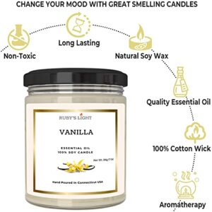 Vanilla Essential Oil Candle | Aromatherapy for The Home | 9 Oz Glass Jar | All-Natural Soy Candles | Cotton Wick | High Scent | 40 Hours Burn Time | Gift for Women & Men (Vanilla)