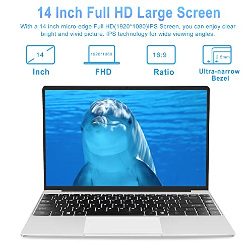 Ruzava/Aocwei Laptop Windows 10 14" 6GB DDR4 64GB Storage Intel N4020 (Up to 2.8Ghz)2-Core 1920x1080 FHD Dual WIFI BT 4.2 Mini HDMI Support 512GB TF 1TB SSD Expand for Work Study Entertainment-Silver