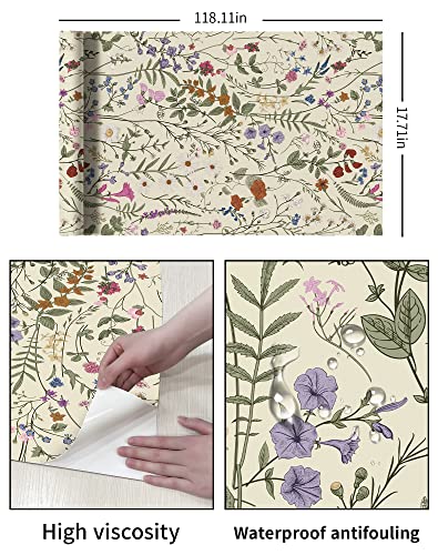 JiffDiff Floral Wallpaper Peel and Stick - Farm Wall Wallpaper, Wildwood Self Adhesive for Home Bedroom Cabinets Kitchen Countertop Thicken 17.71"x118"