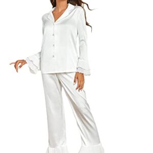 Verdusa Women's Satin Notch Collar Blouse and Ruffle Hem Pants PJ Set White S