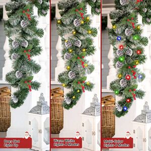 SHareconn 9FT Prelit Artificial Christmas Garland with Multi-Color Lights with Timer by Batteries Operated, Pine Cones and Red Berries for Mantle Stairs Fireplace Xmas Decoration, Indoor Outdoor, Snow