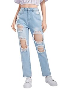 sweatyrocks teen girl's high waisted straight leg ripped jeans washed denim pants with pockets light wash 12-13y