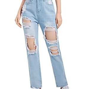 SweatyRocks Teen Girl's High Waisted Straight Leg Ripped Jeans Washed Denim Pants with Pockets Light Wash 12-13Y