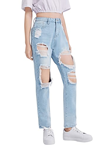 SweatyRocks Teen Girl's High Waisted Straight Leg Ripped Jeans Washed Denim Pants with Pockets Light Wash 12-13Y