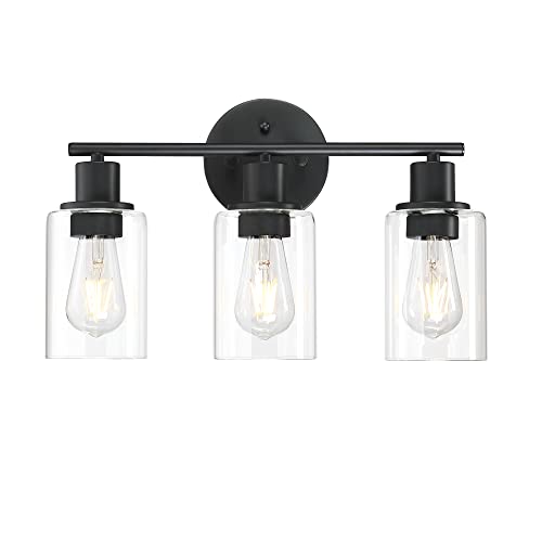 3-Light Modern Vanity Light Fixture, Matte Black Bathroom Wall Lights Over Mirror, Contemporary Minimalist Wall Sconces with Clear Glass Shade, Bath Room Mount Lamp for Bedroom, Living Room, Hallway